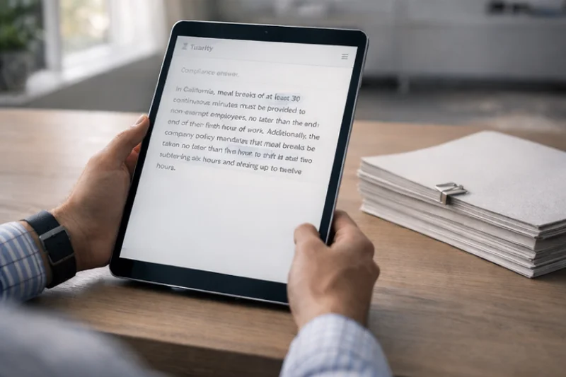 Tablet showing Tuarity compliance guidance with legal citations and policy references